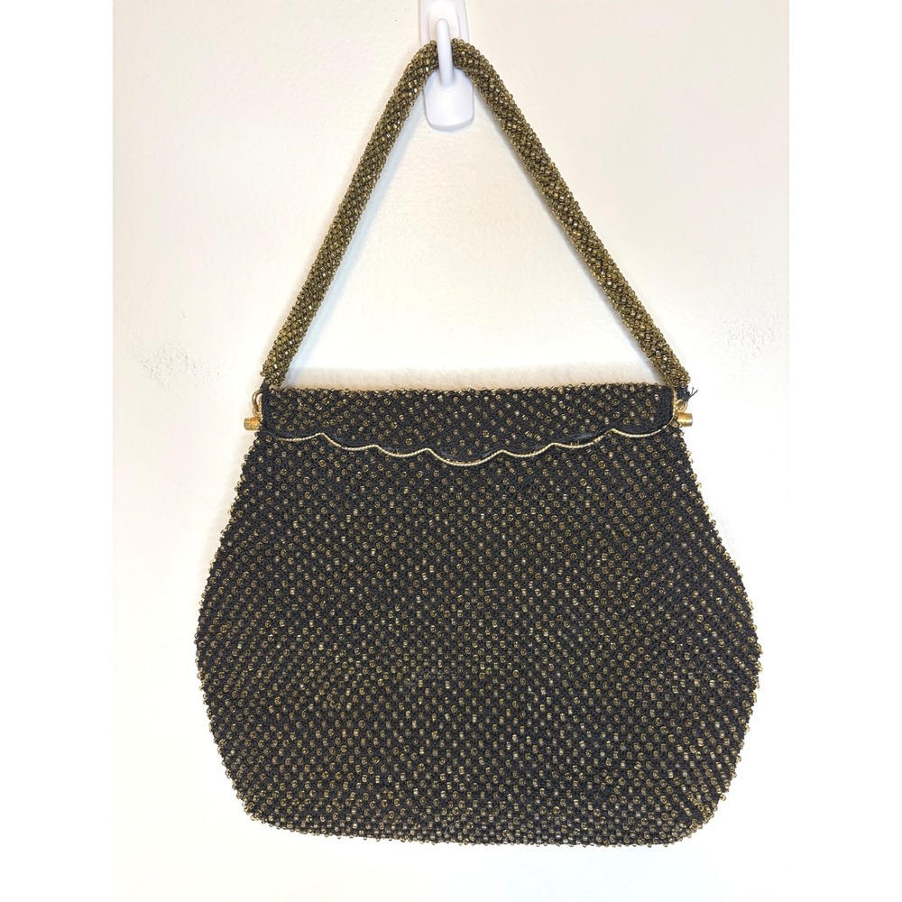 Vintage Luen Fat Beaded Evening Bag Black Gold Made in Hong Kong Purse Chic